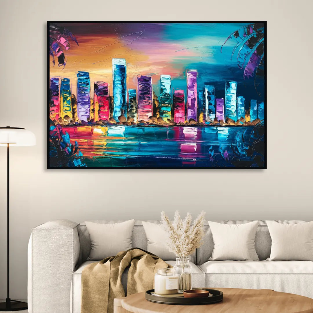 Miami Skyline Reflection Sitting Room - Black Canvas Wall Art