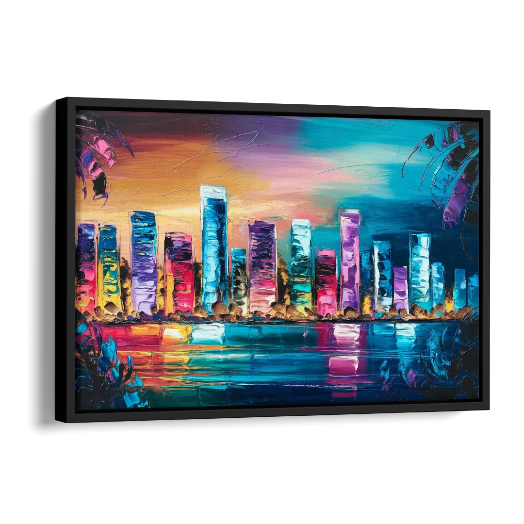 Miami Skyline Reflection Side - Black Canvas Wall Art