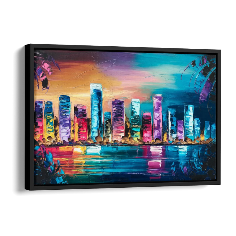 Miami Skyline Reflection Side - Black Canvas Wall Art