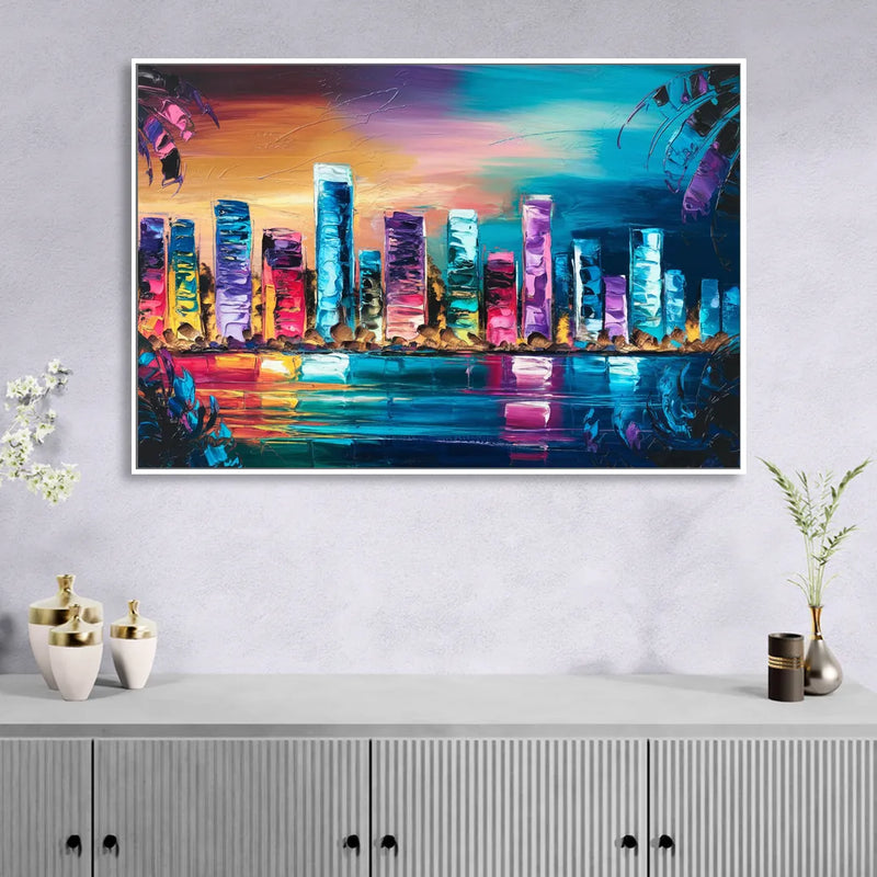 Miami Skyline Reflection Sitting Room - White Canvas Wall Art