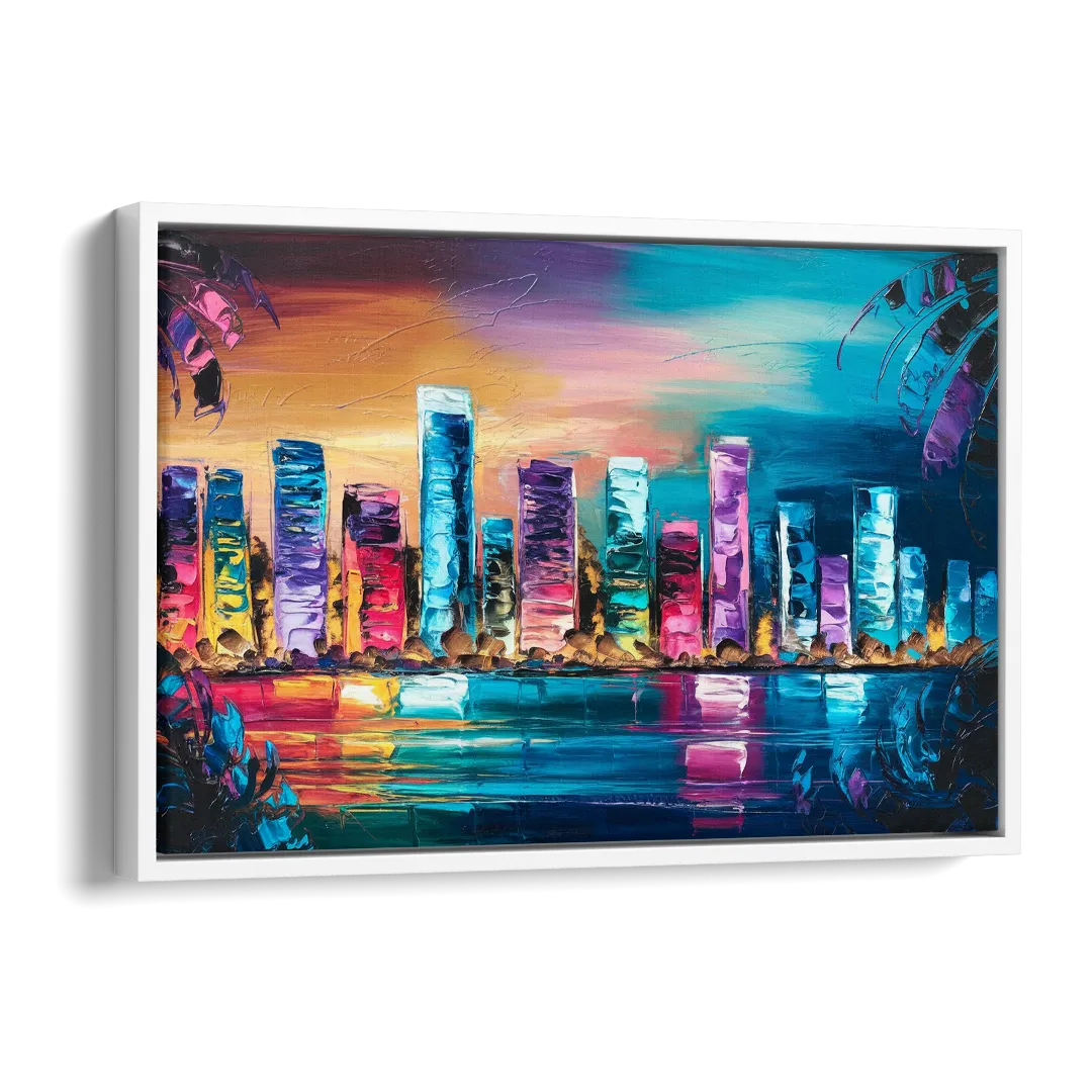 Miami Skyline Reflection Side - White Canvas Wall Art