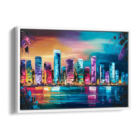 Miami Skyline Reflection Side - White Canvas Wall Art