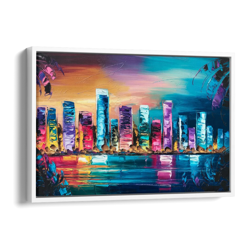 Miami Skyline Reflection Side - White Canvas Wall Art