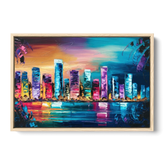 Miami Skyline Reflection - Oak Framed Canvas Wall Art - Front