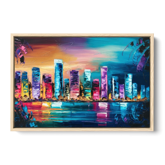 Miami Skyline Reflection - Oak Framed Canvas Wall Art - Front