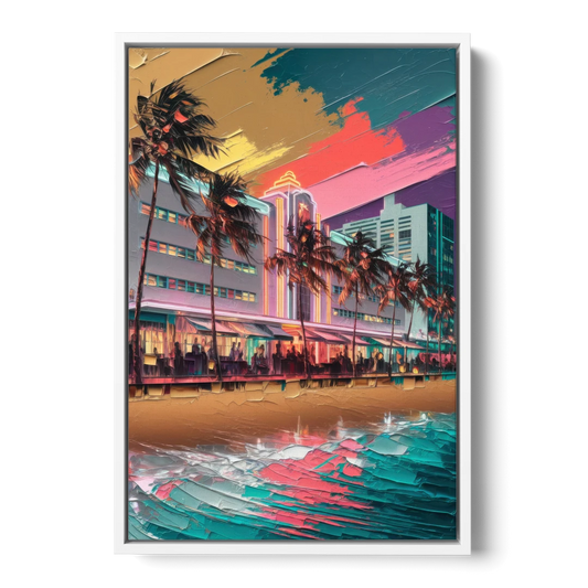 Miami South Beach Charm - White Framed Canvas Wall Art - Front