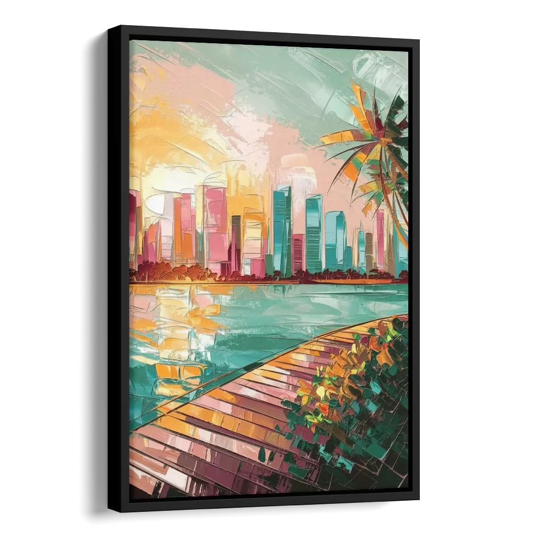 Miami Sunrise Over Water Side - Black Canvas Wall Art