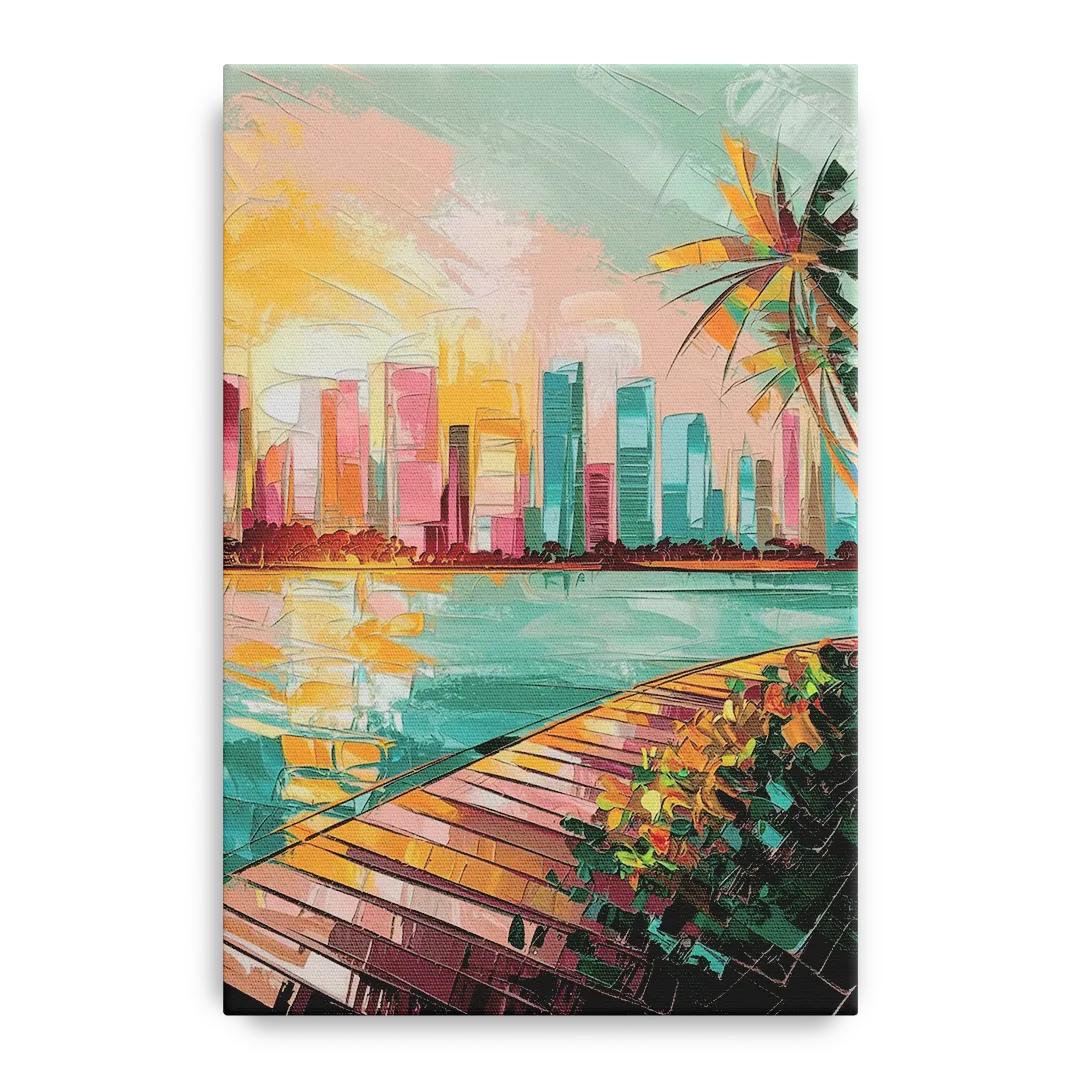Miami Sunrise Over Water Front - Canvas Wall Art