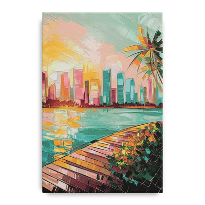 Miami Sunrise Over Water Front - Canvas Wall Art