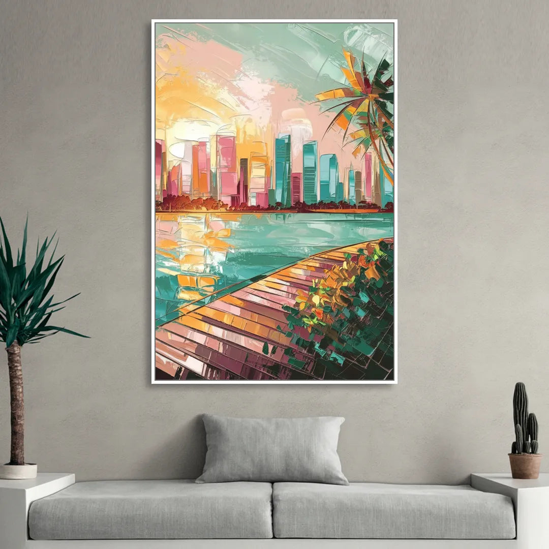 Miami Sunrise Over Water Sitting Room - White Canvas Wall Art