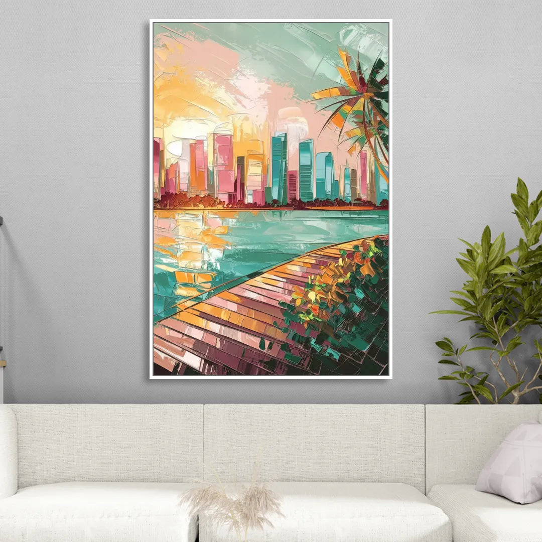 Miami Sunrise Over Water Living Room - White Canvas Wall Art