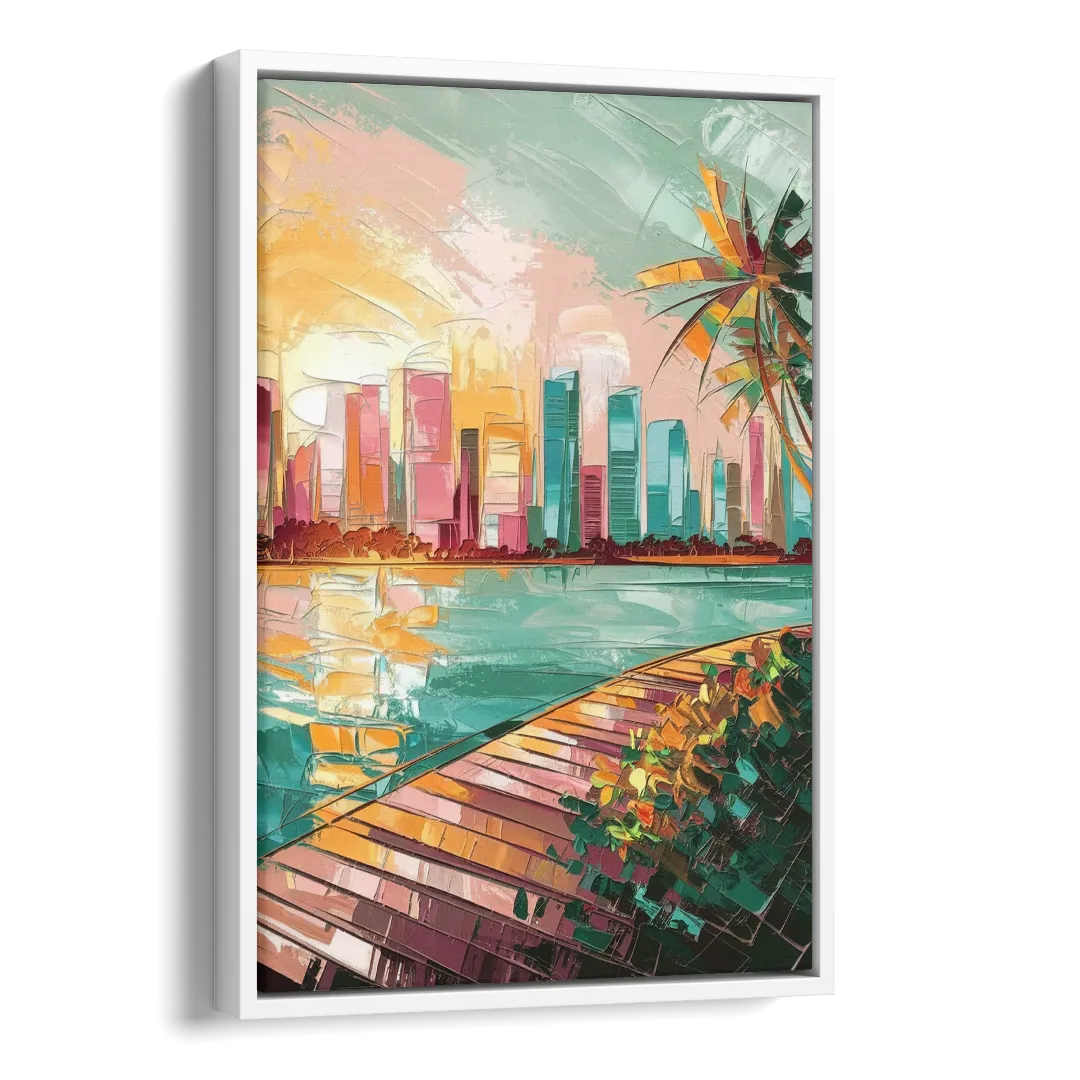 Miami Sunrise Over Water Side - White Canvas Wall Art