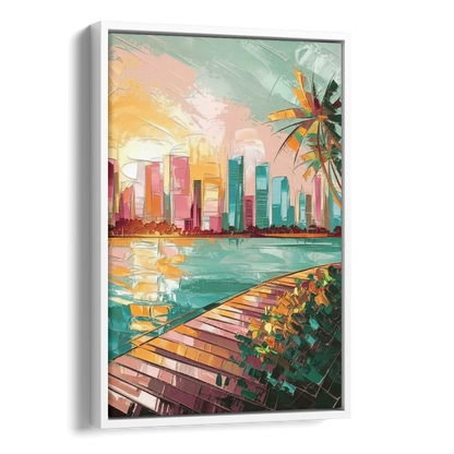 Miami Sunrise Over Water Side - White Canvas Wall Art
