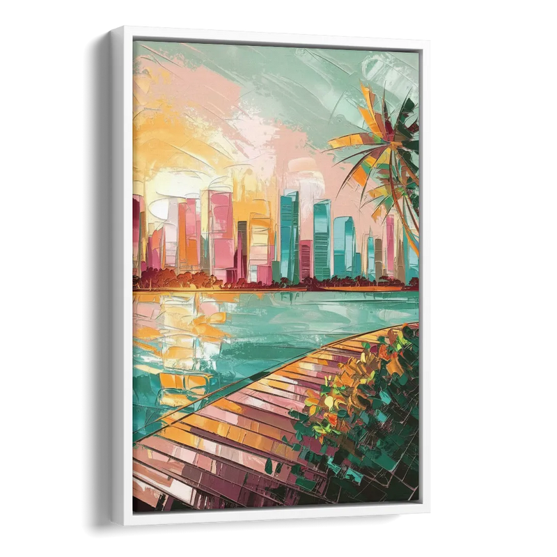Miami Sunrise Over Water Side - White Canvas Wall Art