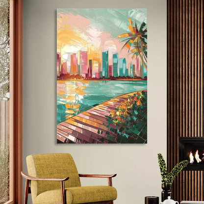 Miami Sunrise Over Water Living Room - Canvas Wall Art
