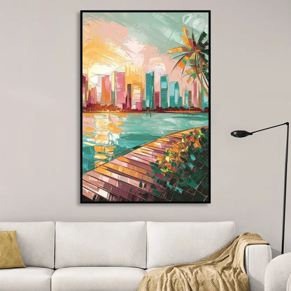 Miami Sunrise Over Water Sitting Room - Black Canvas Wall Art
