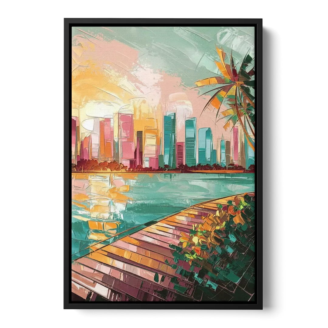 Miami Sunrise Over Water Front - Black Canvas Wall Art