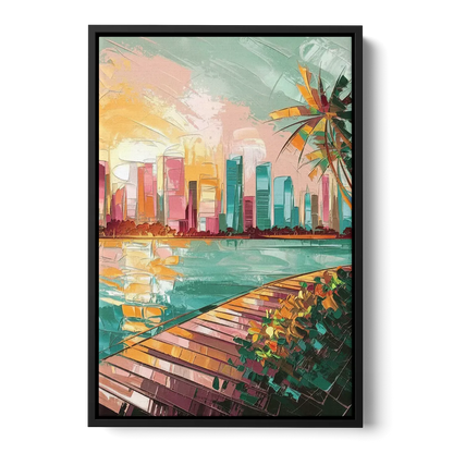 Miami Sunrise Over Water Front - Black Canvas Wall Art