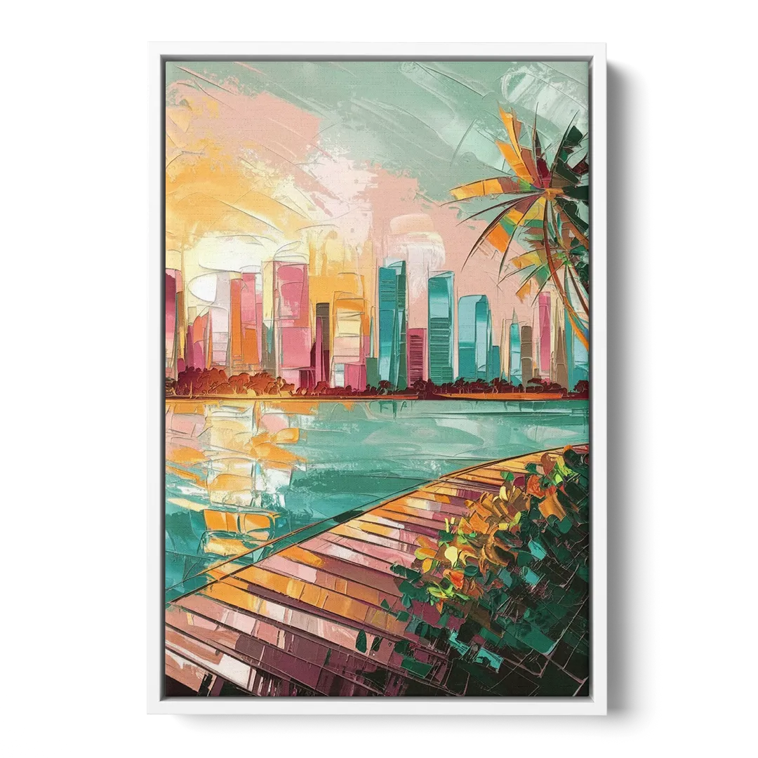 Miami Sunrise Over Water Front - White Canvas Wall Art