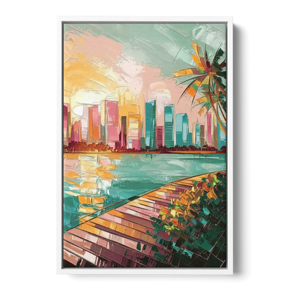 Miami Sunrise Over Water Front - White Canvas Wall Art