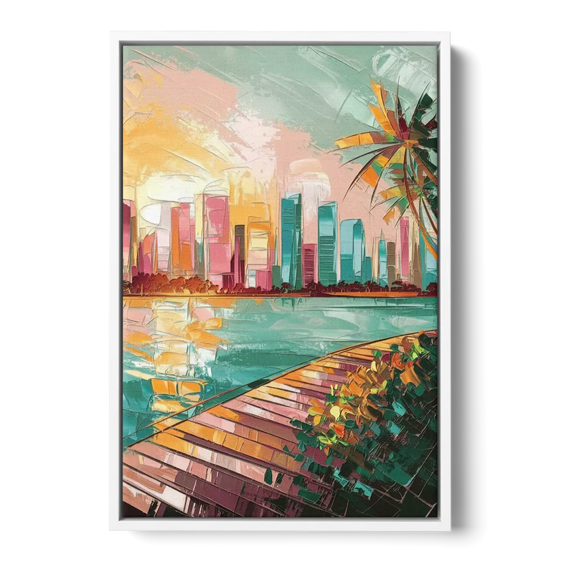 Miami Sunrise Over Water Front - White Canvas Wall Art