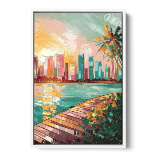 Miami Sunrise Over Water - White Framed Canvas Wall Art - Front