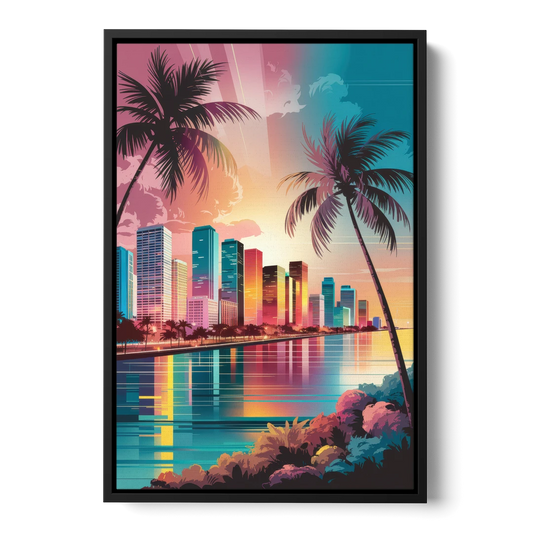 Miami Sunset Boulevard - Black Framed Canvas Wall Art - Front
