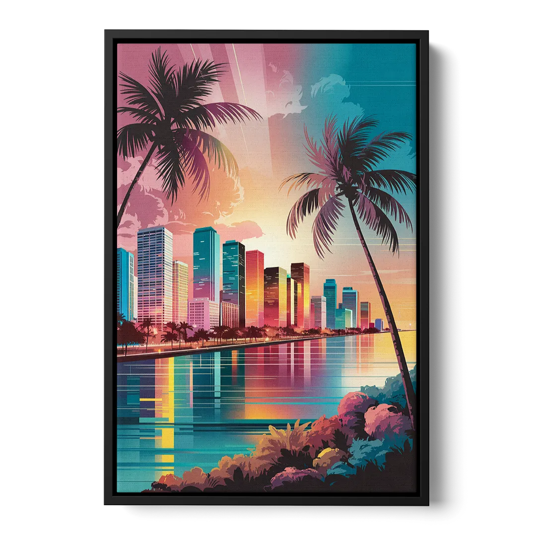 Miami Sunset Boulevard Front - Black Canvas Wall Art