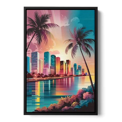 Miami Sunset Boulevard Front - Black Canvas Wall Art