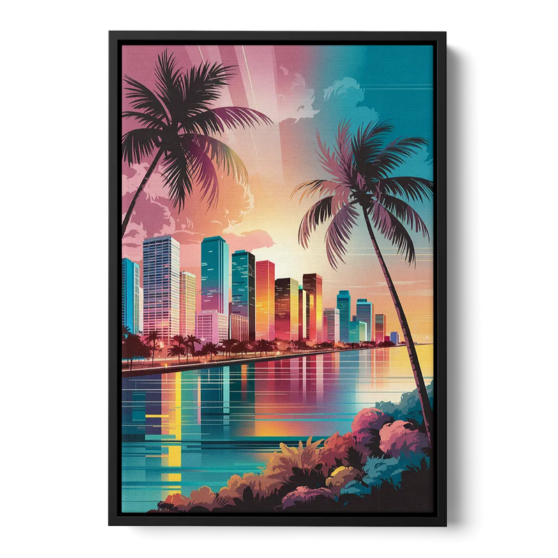 Miami Sunset Boulevard Front - Black Canvas Wall Art