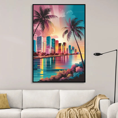 Miami Sunset Boulevard Living Room - Black Canvas Wall Art
