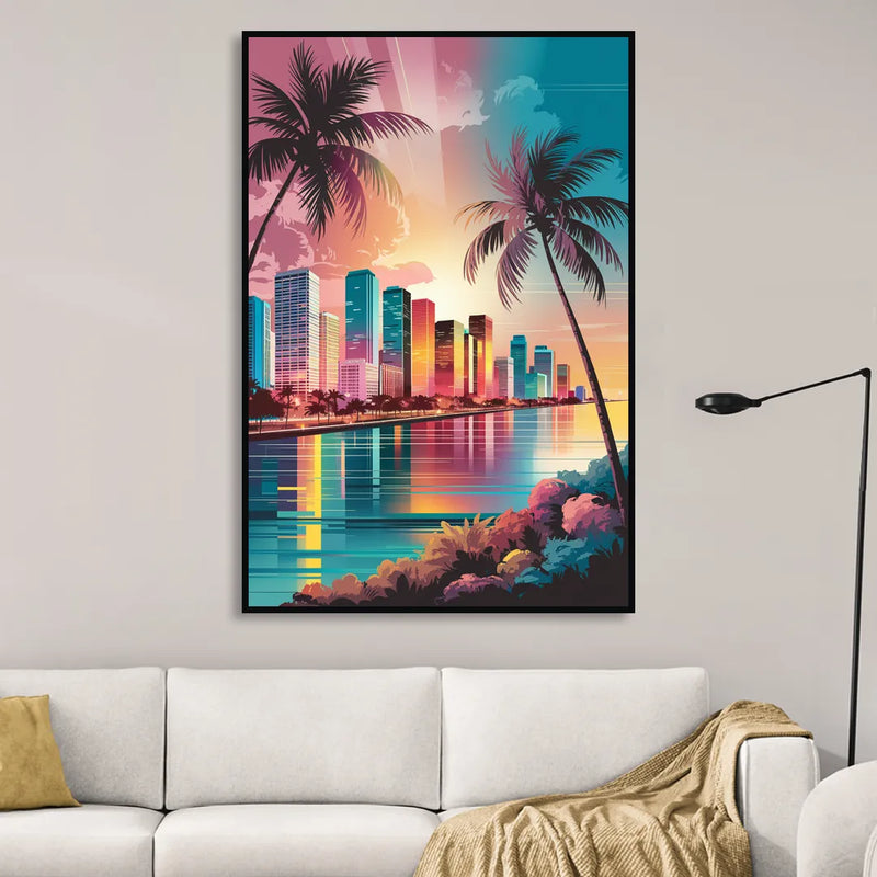 Miami Sunset Boulevard Living Room - Black Canvas Wall Art