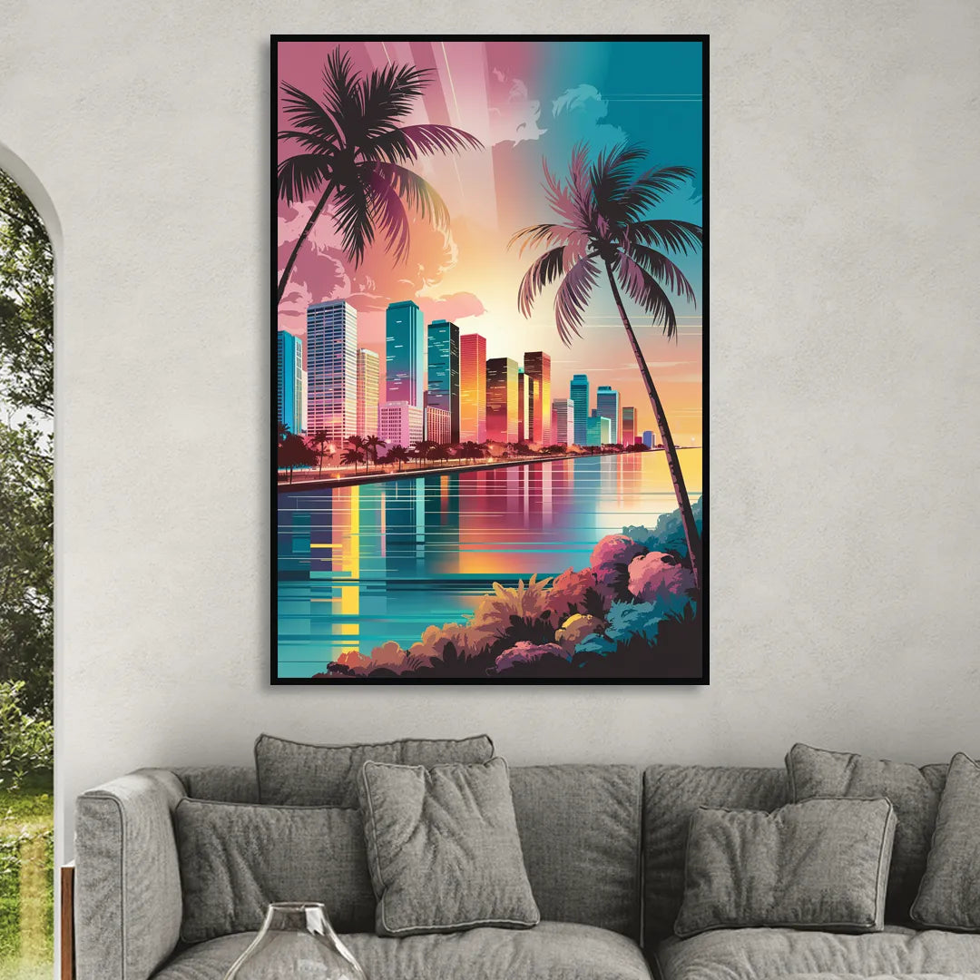 Miami Sunset Boulevard Sitting Room - Black Canvas Wall Art