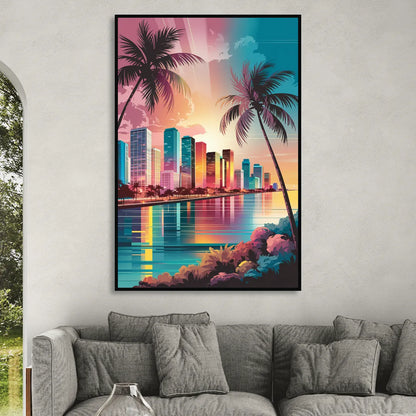 Miami Sunset Boulevard Sitting Room - Black Canvas Wall Art