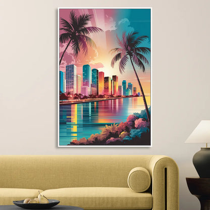 Miami Sunset Boulevard Sitting Room - White Canvas Wall Art