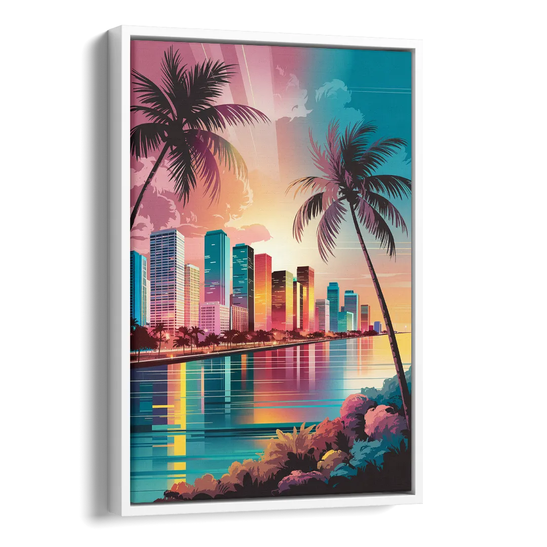 Miami Sunset Boulevard Side - White Canvas Wall Art