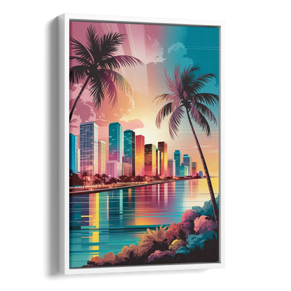 Miami Sunset Boulevard Side - White Canvas Wall Art