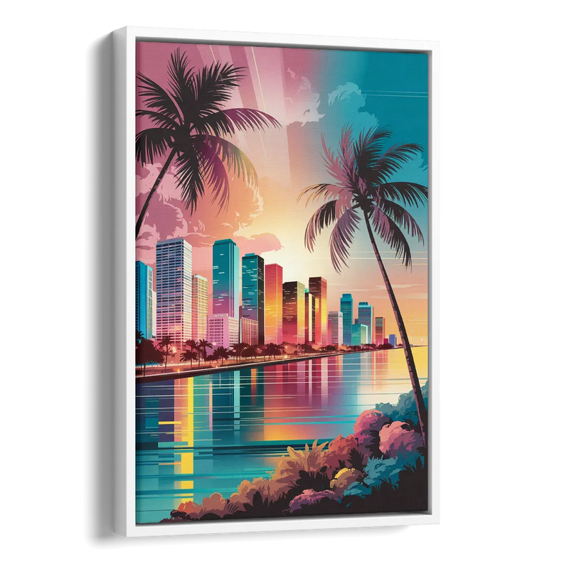 Miami Sunset Boulevard Side - White Canvas Wall Art