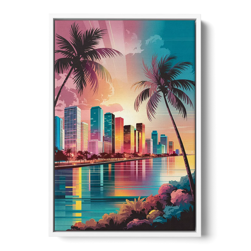 Miami Sunset Boulevard Front - White Canvas Wall Art