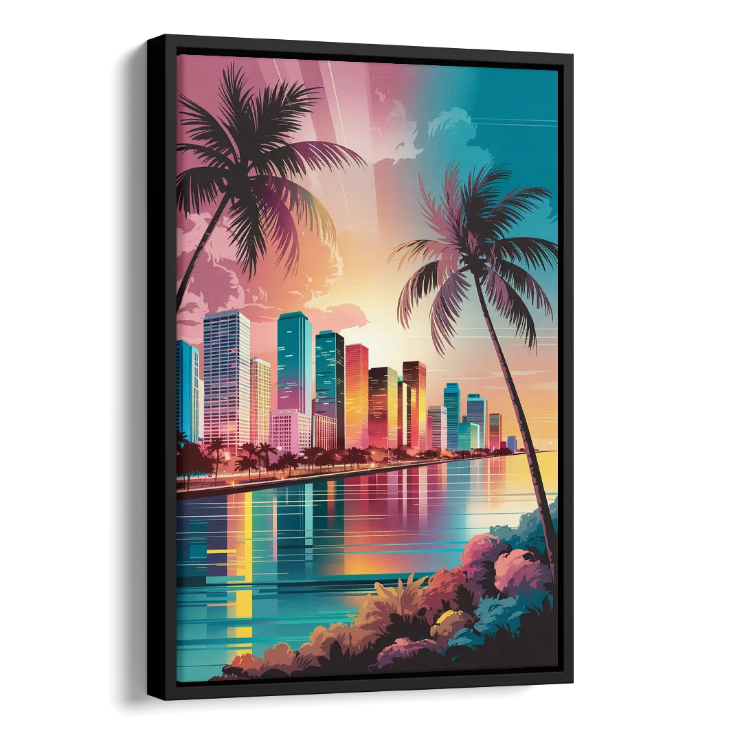 Miami Sunset Boulevard Side - Black Canvas Wall Art