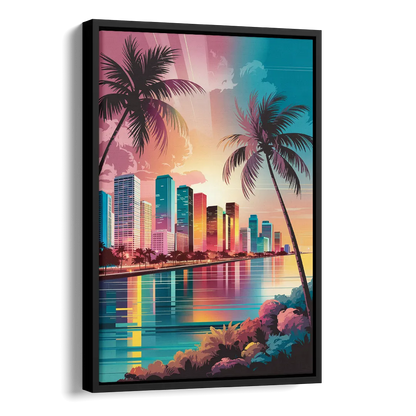 Miami Sunset Boulevard Side - Black Canvas Wall Art