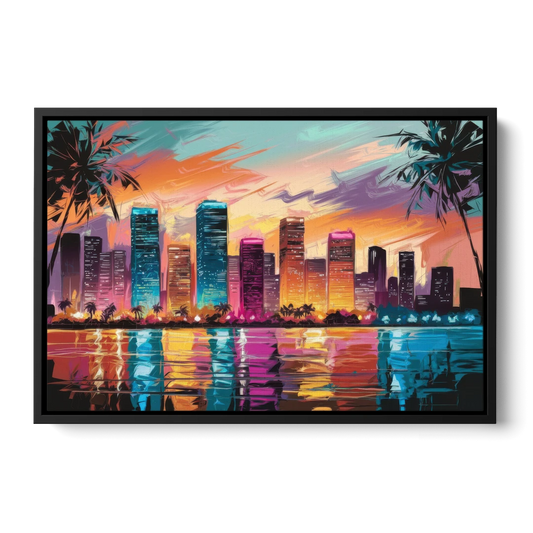 Miami Urban Sunset Glow - Black Framed Canvas Wall Art - Front