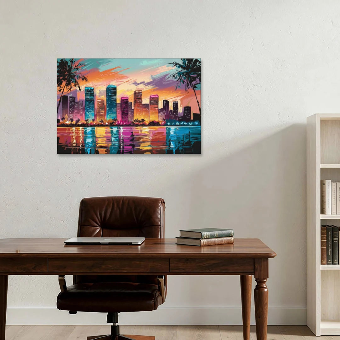 Miami Urban Sunset Glow - Canvas Wall Art - Office - 36x24