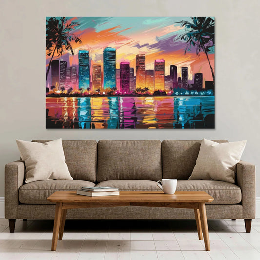 Miami Urban Sunset Glow - Canvas Wall Art - Sofa - 60x40