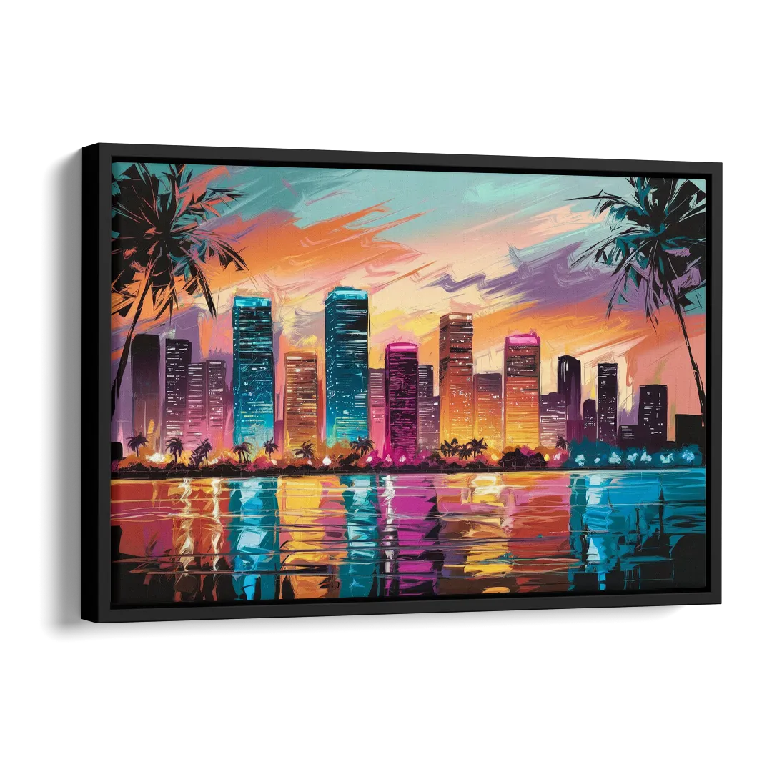 Miami Urban Sunset Glow Side - Black Canvas Wall Art