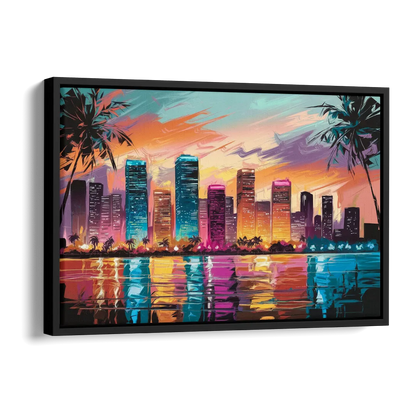 Miami Urban Sunset Glow Side - Black Canvas Wall Art