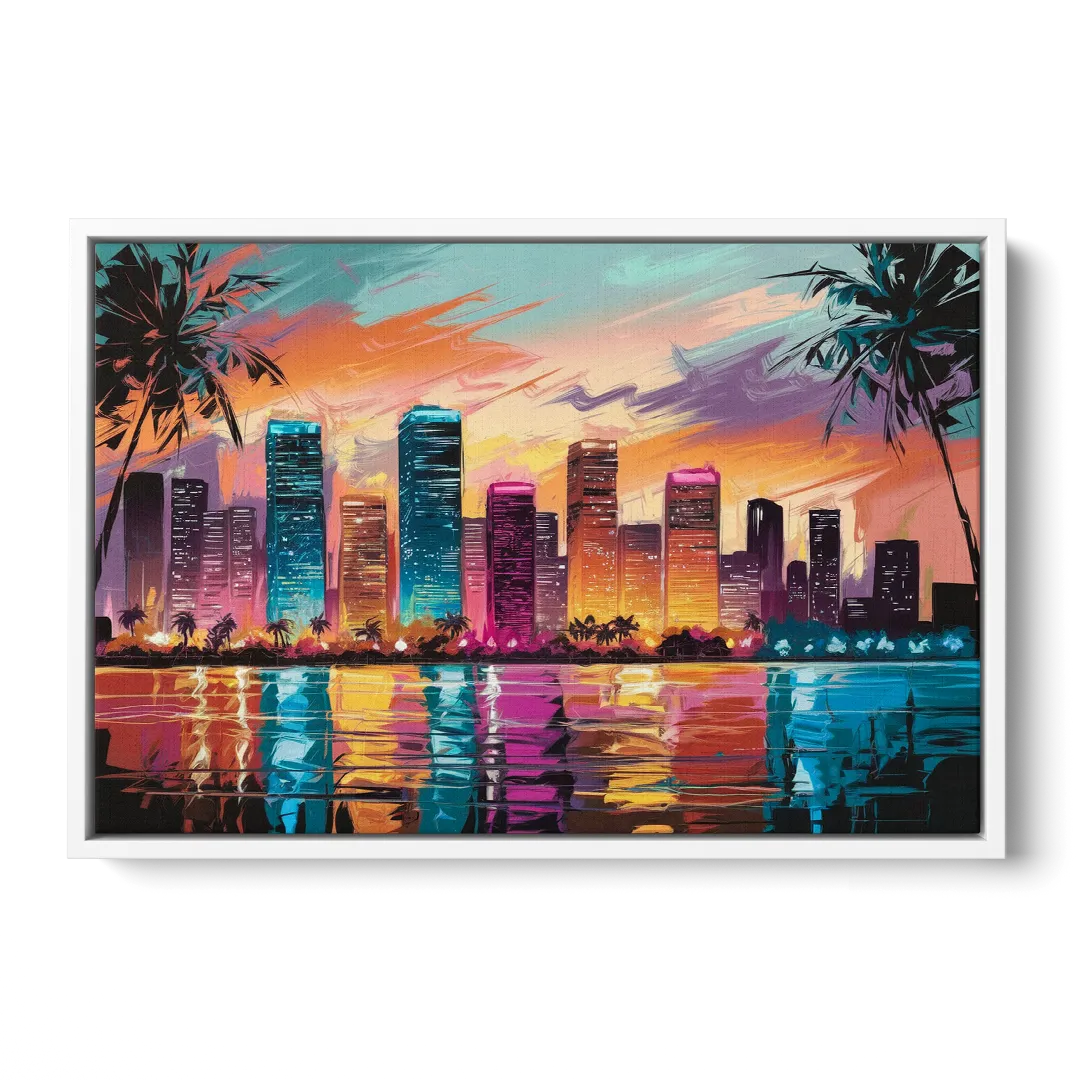 Miami Urban Sunset Glow Front - White Canvas Wall Art