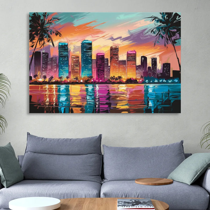 Miami Urban Sunset Glow Sitting Room - Canvas Wall Art
