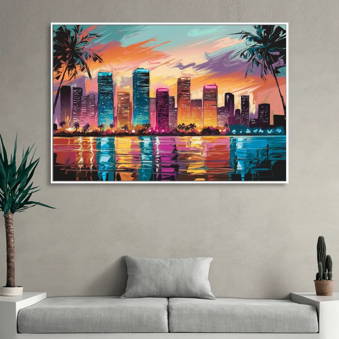 Miami Urban Sunset Glow Sitting Room - White Canvas Wall Art