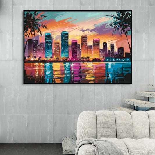 Miami Urban Sunset Glow Living Room - Black Canvas Wall Art